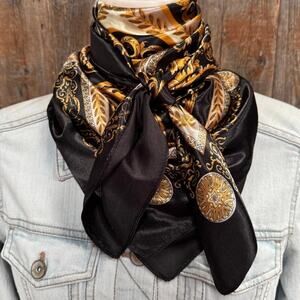 Black and Gold Floral Wild Rag Scarf - Western Southwestern Neck Scarf 35x35
